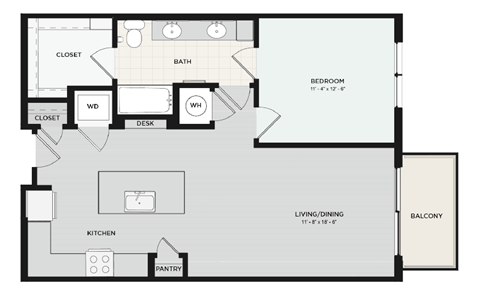 Floor plan for 1 bed, 1 bath, 916 sqft